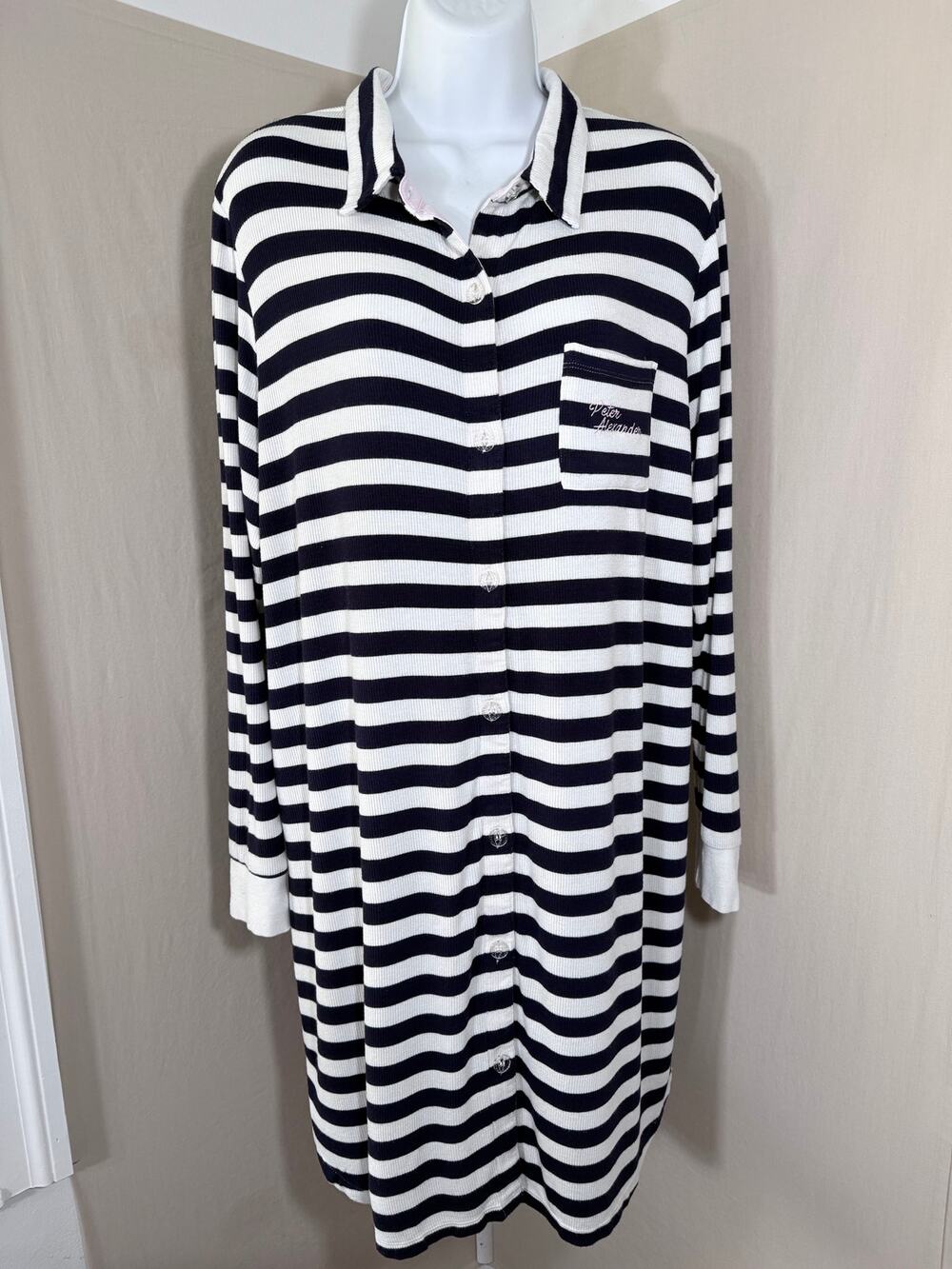 Peter Alexander Striped Ribbed Knit Button Front Pajama Dress L